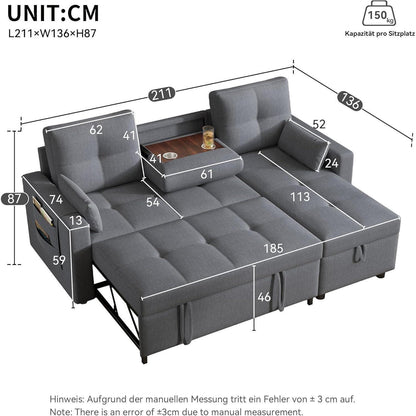 Modulares Schlafsofa mit Stauraum & Getränkehalter – Grau