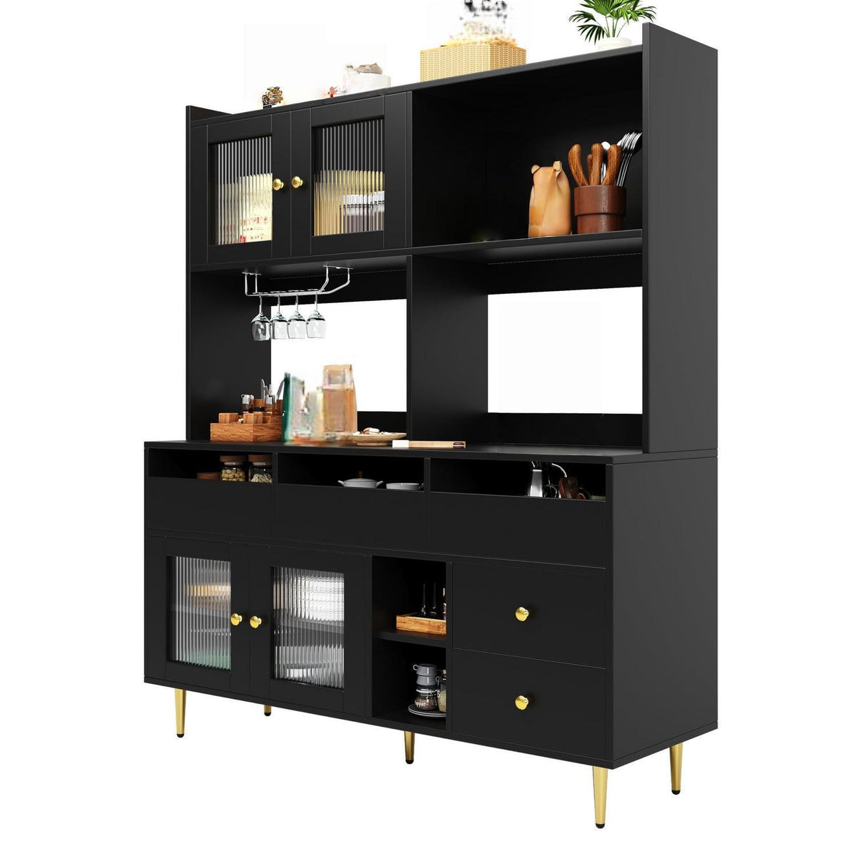 Küchenschrank mit Glastür & Weinregal, Schwarz, 171cm Highboard