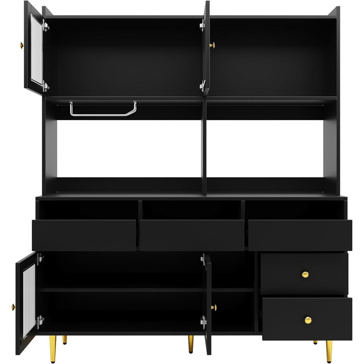 Küchenschrank mit Glastür & Weinregal, Schwarz, 171cm Highboard
