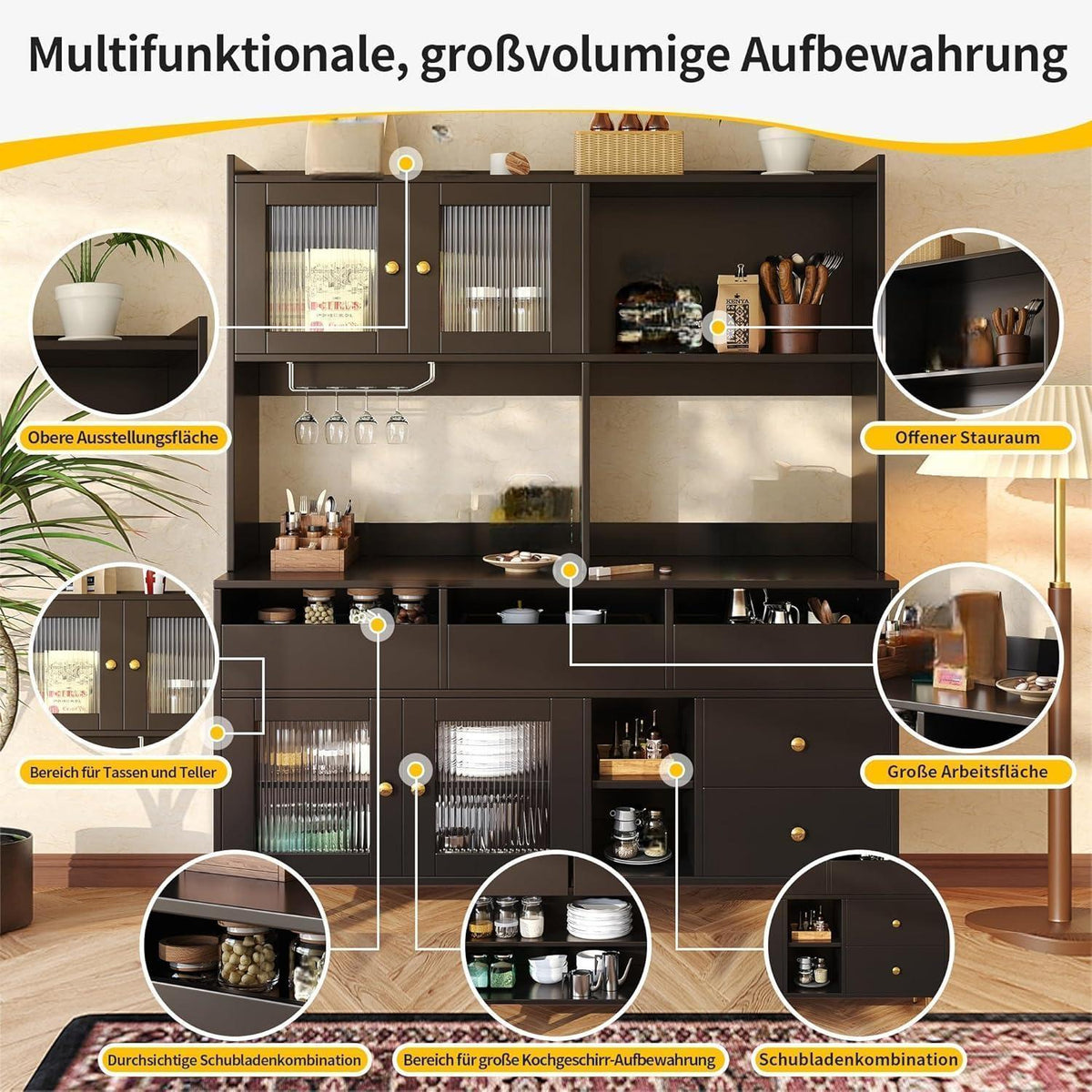 Küchenschrank mit Glastür & Weinregal, Schwarz, 171cm Highboard