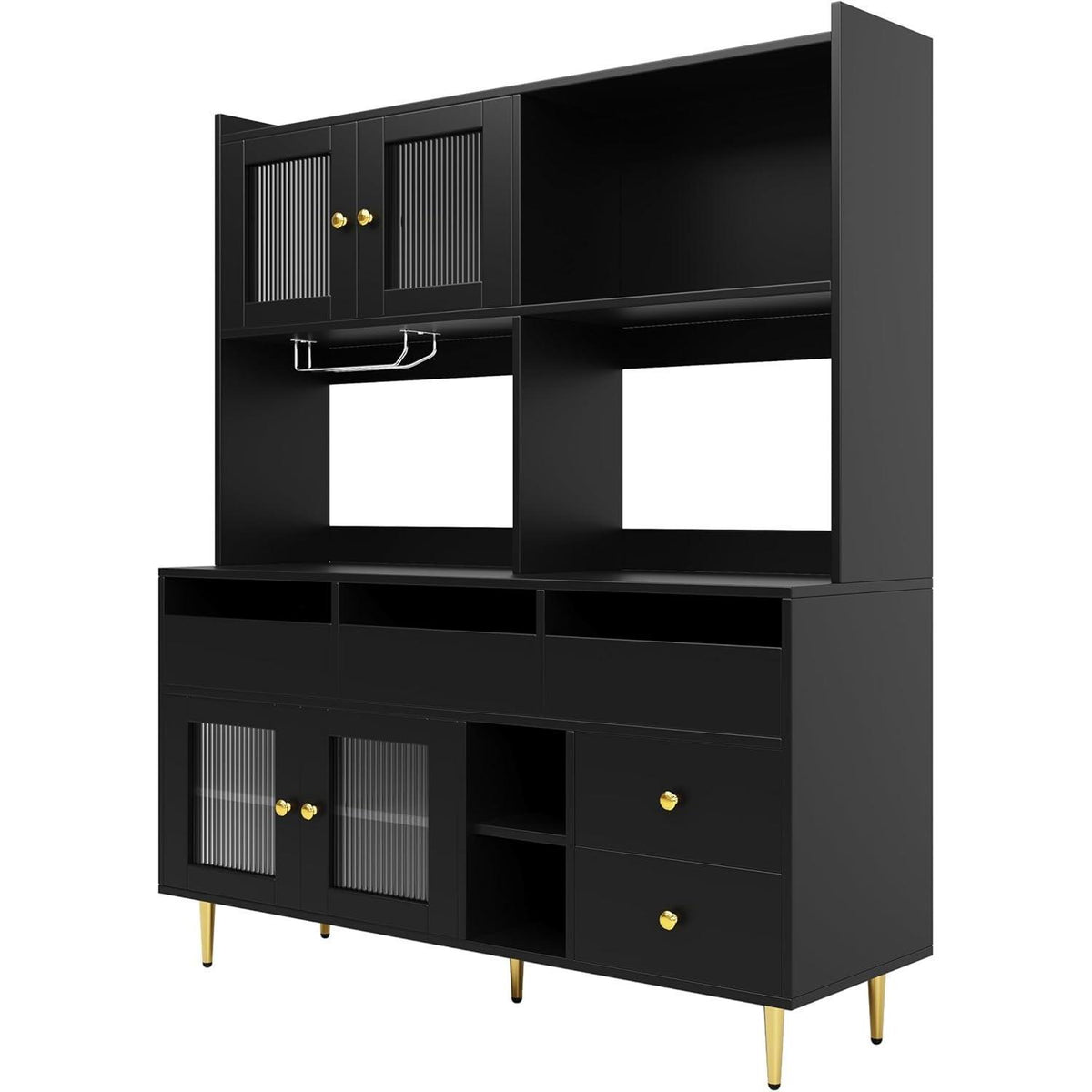 Küchenschrank mit Glastür & Weinregal, Schwarz, 171cm Highboard