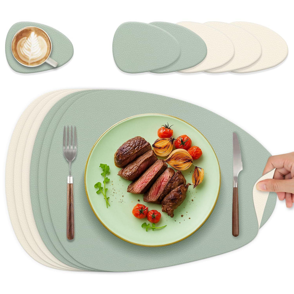 Tischsets 6er Set Abwaschbar – Lederoptik Salbeigrün & Cremebeige