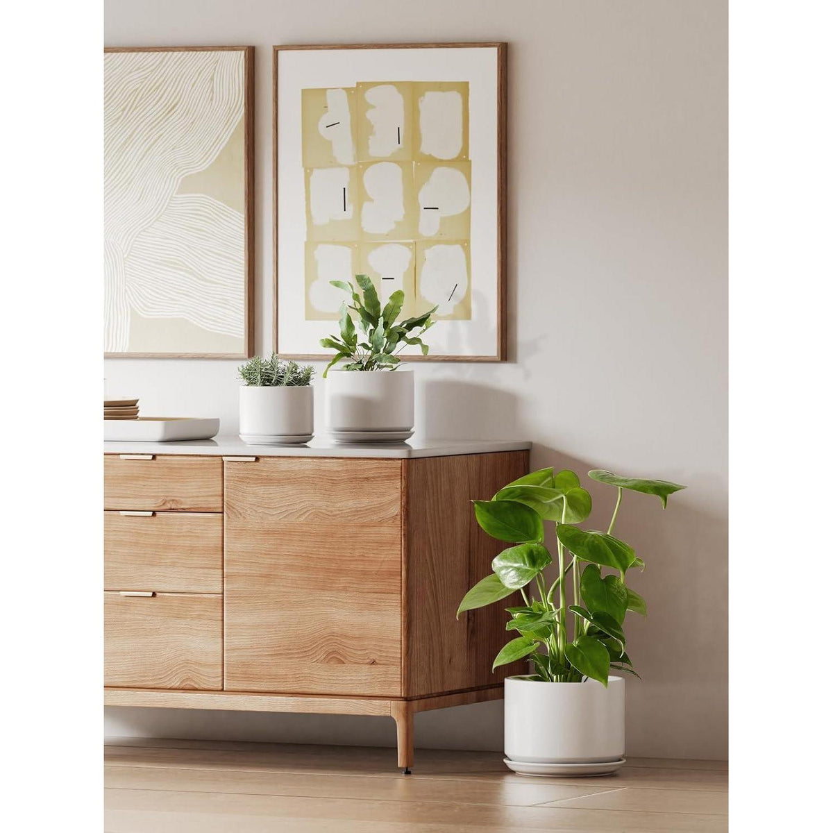 Keramik Blumentopf 25cm mit Untersetzer & Drainageloch, Weiß
