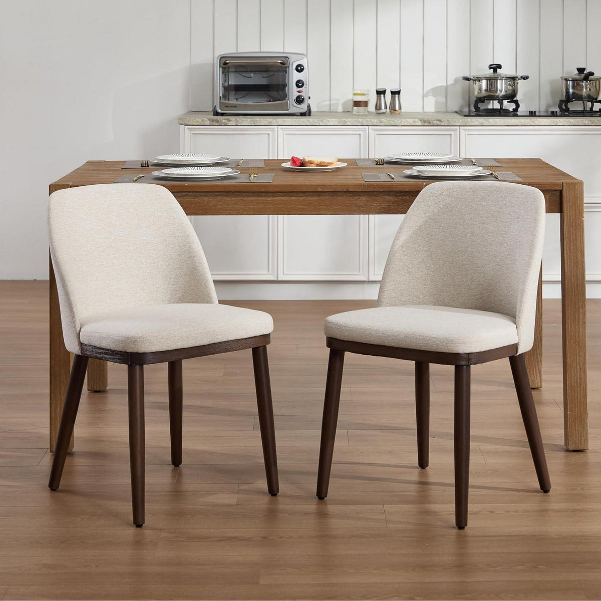 Esszimmerstühle 2er Set, Beige Polsterstuhl mit Holzbeinen