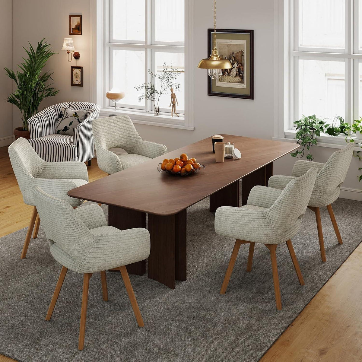 2er Set Drehbar Stühle | Beige, Holzbeine & Armlehnen