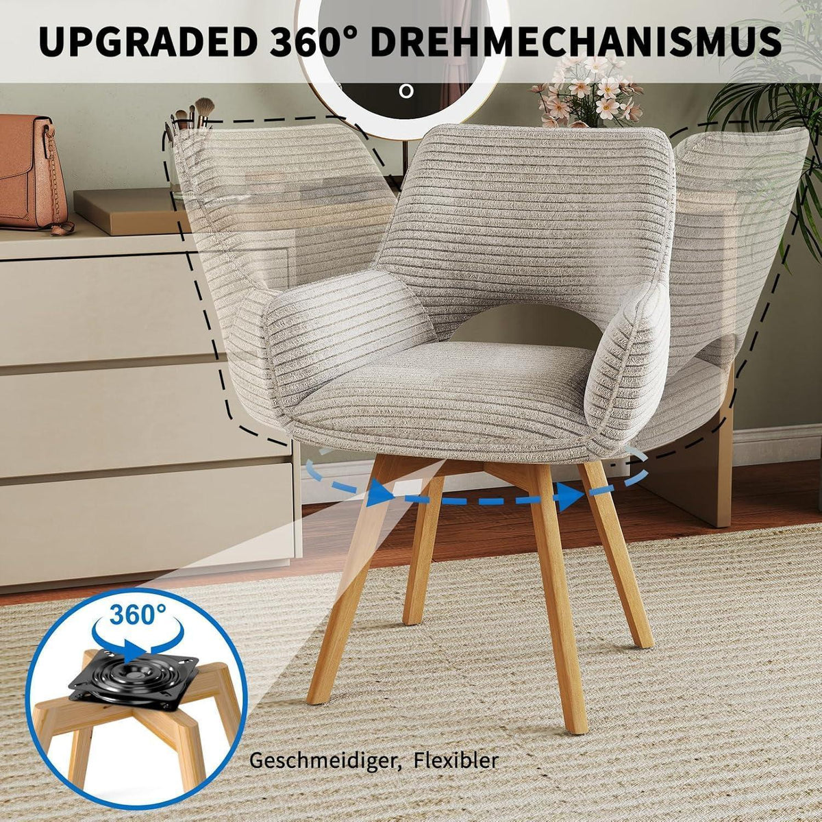Drehbarer Esszimmerstuhl Set (4x) – Taupe mit Holzbeinen