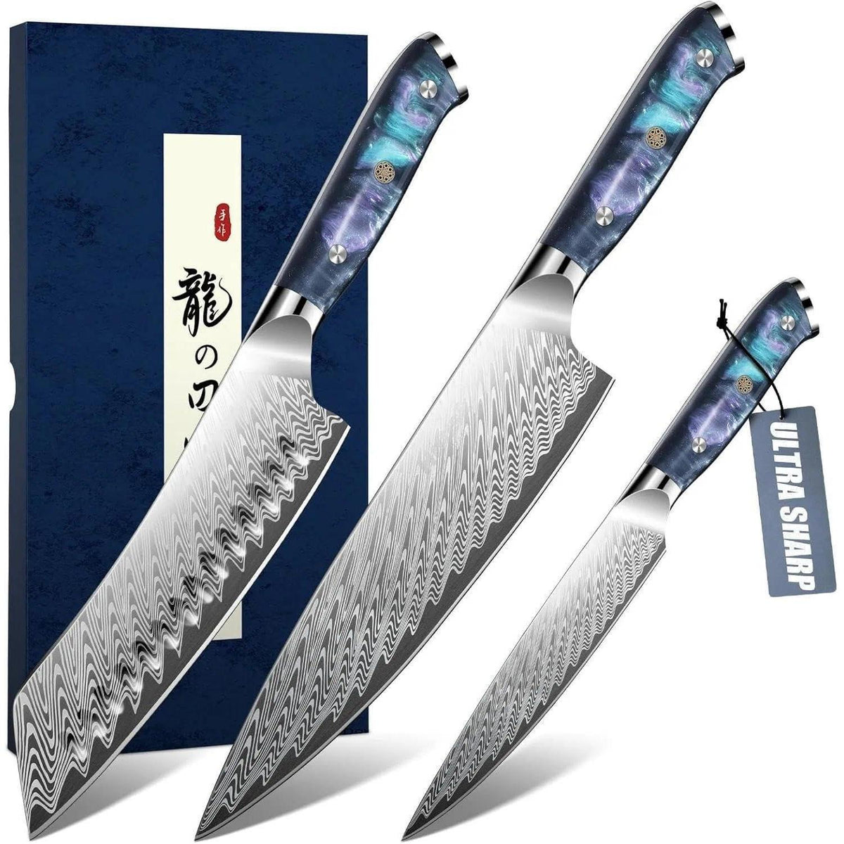 Japanisches Messerset 3-teilig – Damast Küchenmesser-Set