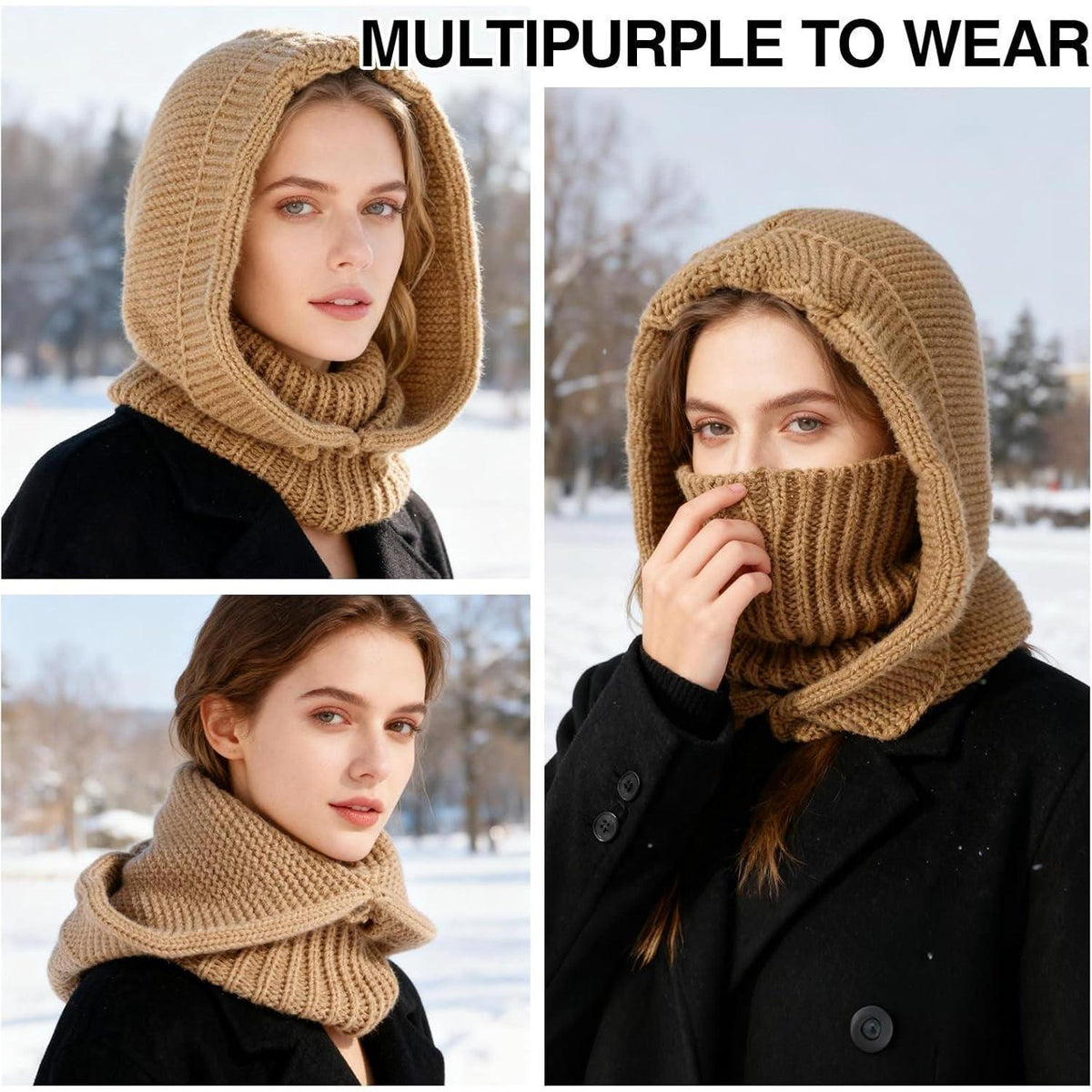 Thermo Strickmütze Damen mit Langer Schal – Winter Sturmhaube Khaki