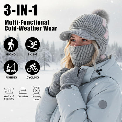 Strickmütze Damen 3in1 Thermo Schal & Sturmhaube Schwarz