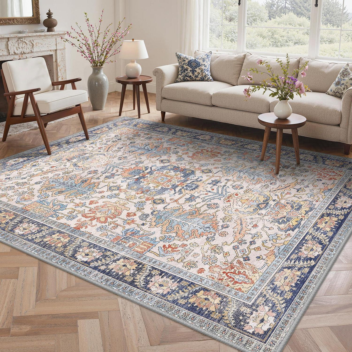 Vintage Teppich Wohnzimmer 160x230cm Rotblau Creme