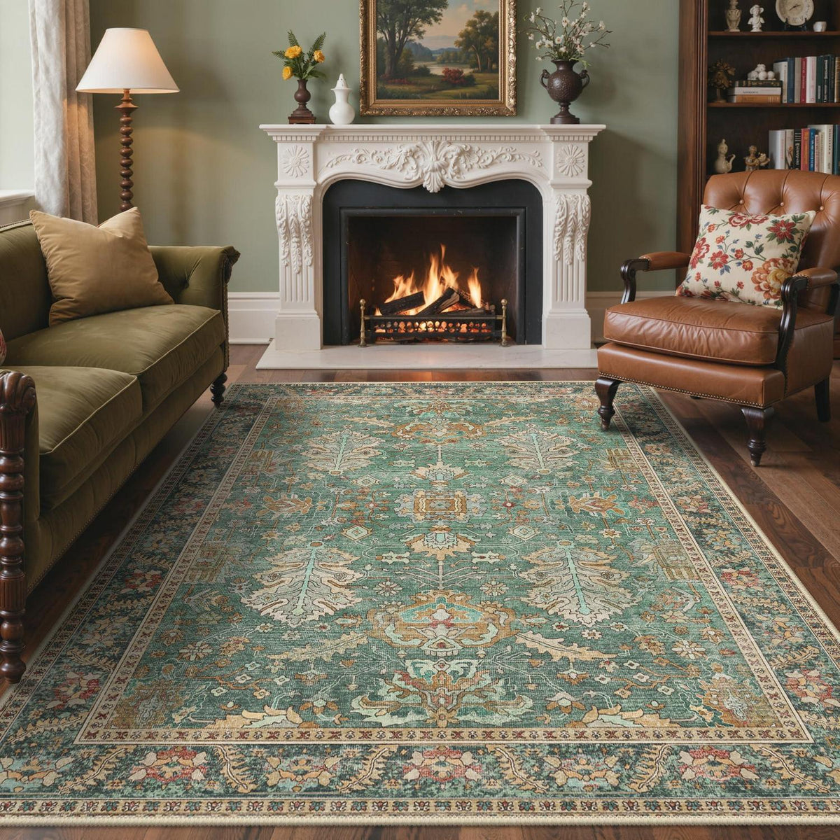Vintage Teppich Grün 160x230cm – Waschbar & Rutschfest