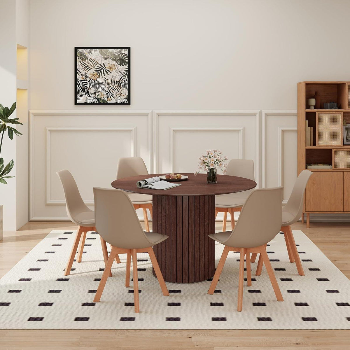 Runder Esstisch Set 120cm + 6 Stühle Dunkelbraun/Khaki