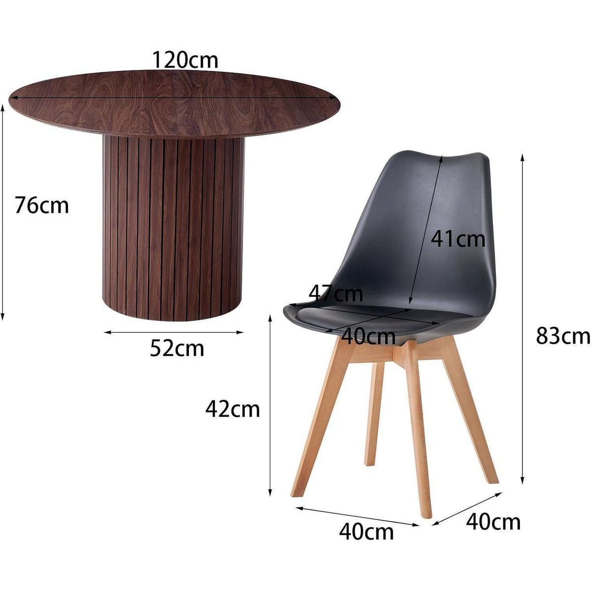 Runder Esstisch 120cm + 6 Stühle Dunkelbraun/Schwarz