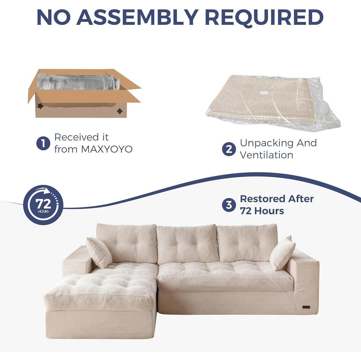 L-förmiges Cord Sofa mit Schlaffunktion – Cremeweiß, Keine Montage