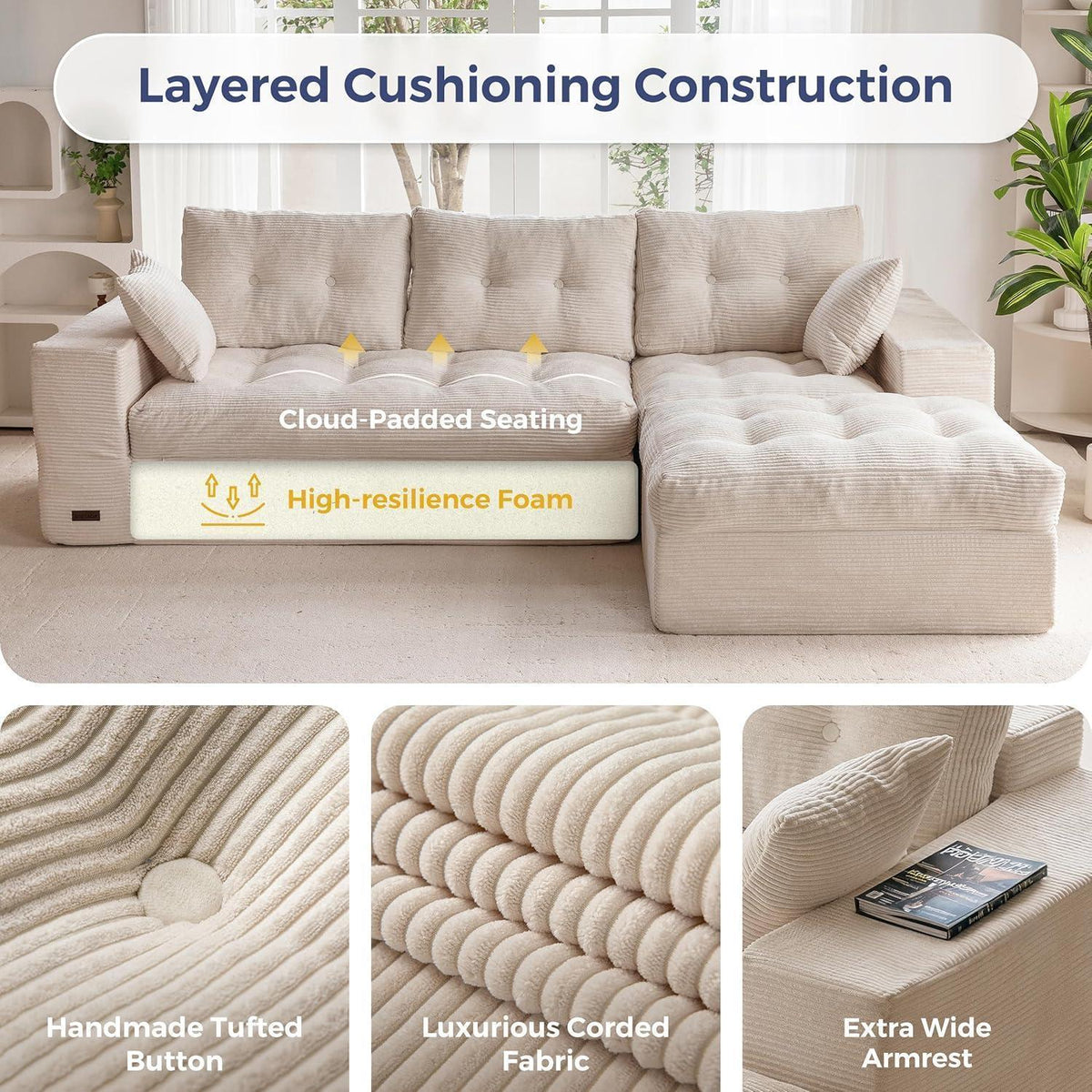 L-förmiges Cord Sofa mit Schlaffunktion – Cremeweiß, Keine Montage