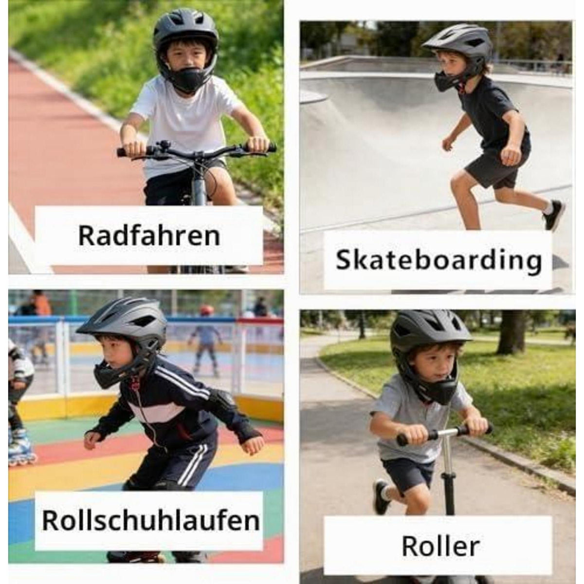Kinder Integralhelm Vollvisier mit abnehmbarem Kinnschutz Schwarz
