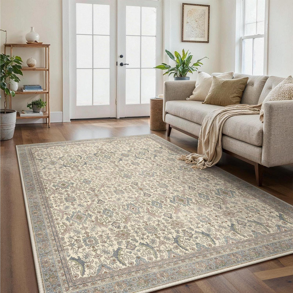 Vintage Teppich Wohnzimmer 160x230 cm – Beige Kurzflor Teppich