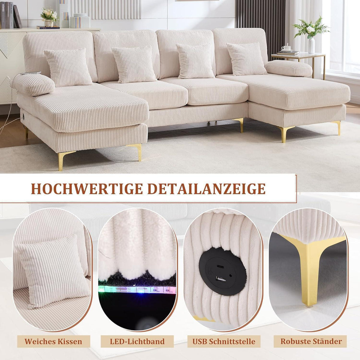 4-Sitzer Samt U-Sofa mit Massivholzrahmen & Relaxpositionen (Beige)