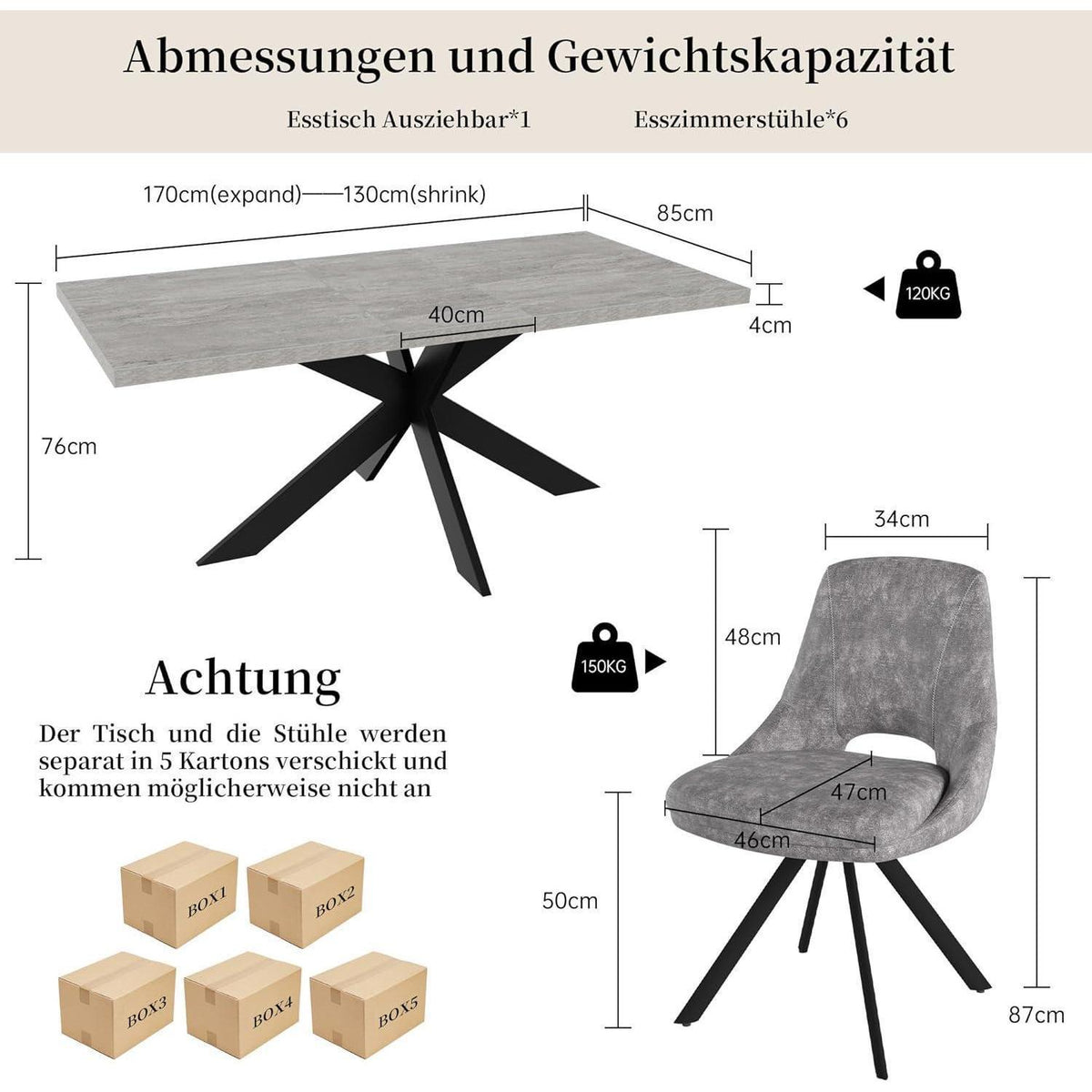 Ausziehbarer Esstisch mit 6 Stühlen – Grau, Modern & Platzsparend
