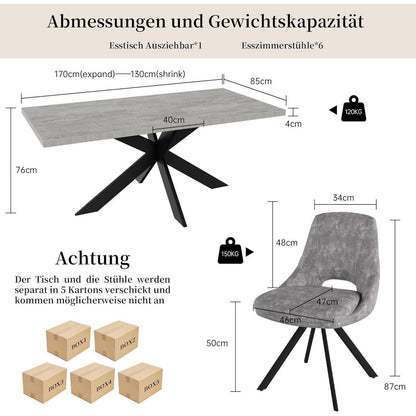 Ausziehbarer Esstisch mit 6 Stühlen – Grau, Modern & Platzsparend