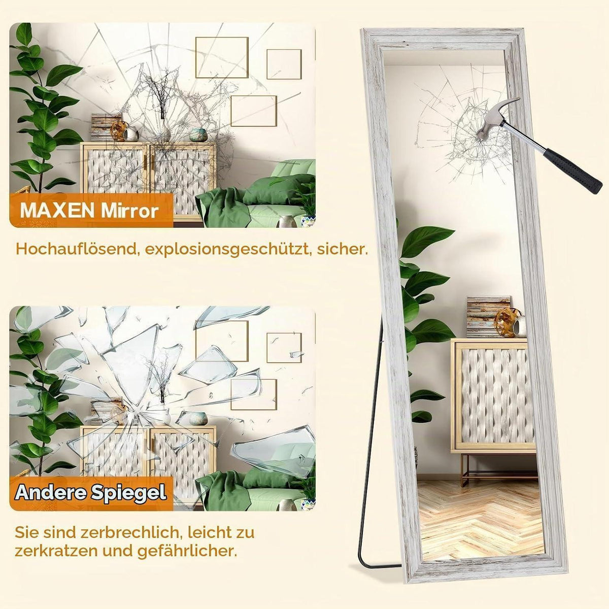 Großer Ganzkörperspiegel Holzweiß 165x56cm – Wand & Standspiegel