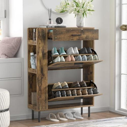 Schuhschrank mit Klapptüren & Schubladen – Holz Schuhkipper Retrobraun