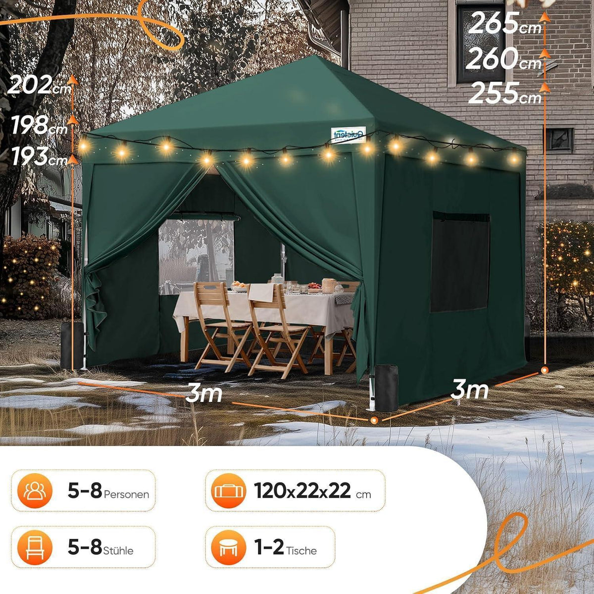 3x3m Faltpavillon wasserdicht mit Seitenwänden & Zubehör