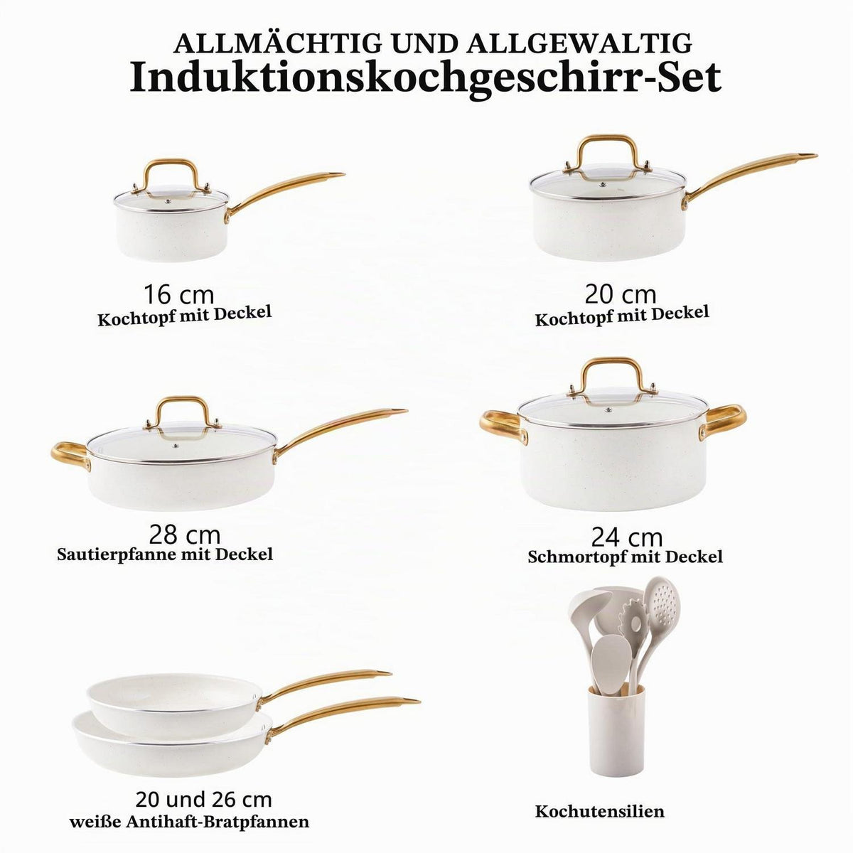 Induktions Kochgeschirr Set mit Antihaftbeschichtung & Kochutensilien
