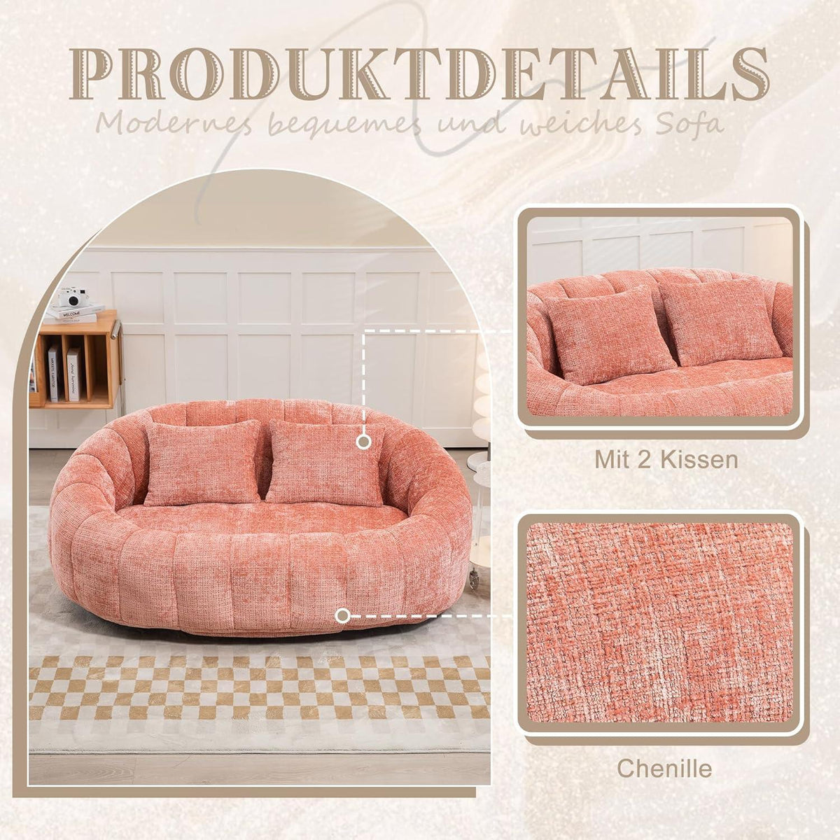 Zweisitzer Boneless Couch mit Memory Schaum – Rosa Chenille