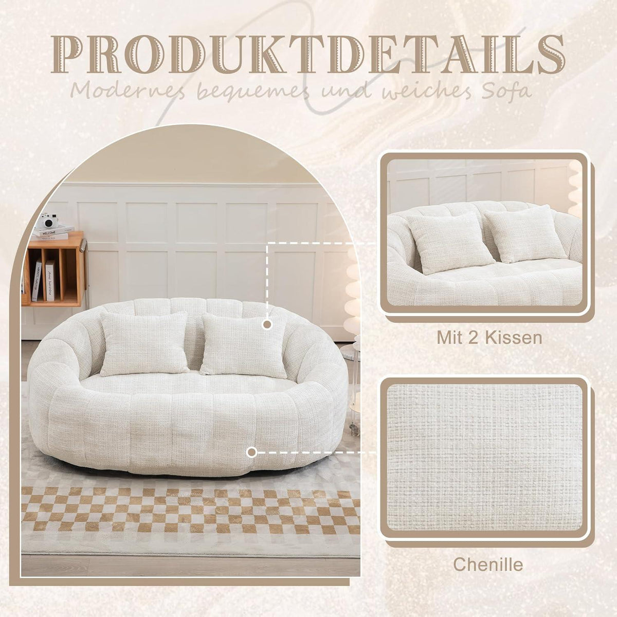 Zweisitzer Boneless Couch mit Memory Schaum – Beige Chenille