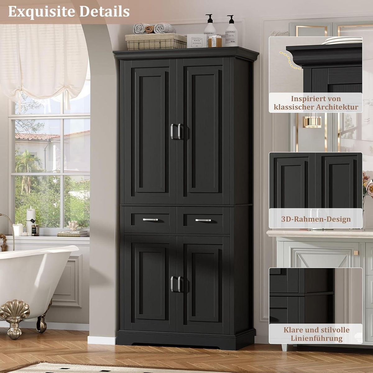 Hochschrank mit 4 Türen & Schublade – Küchenbuffet 180cm Schwarz