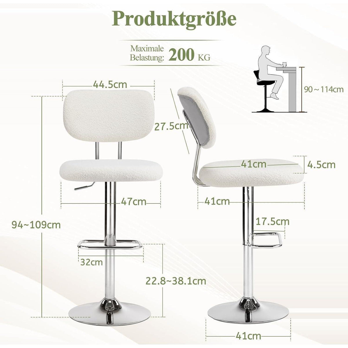 Barhocker Set 4er Grau, Höhenverstellbar & 360° Drehbar