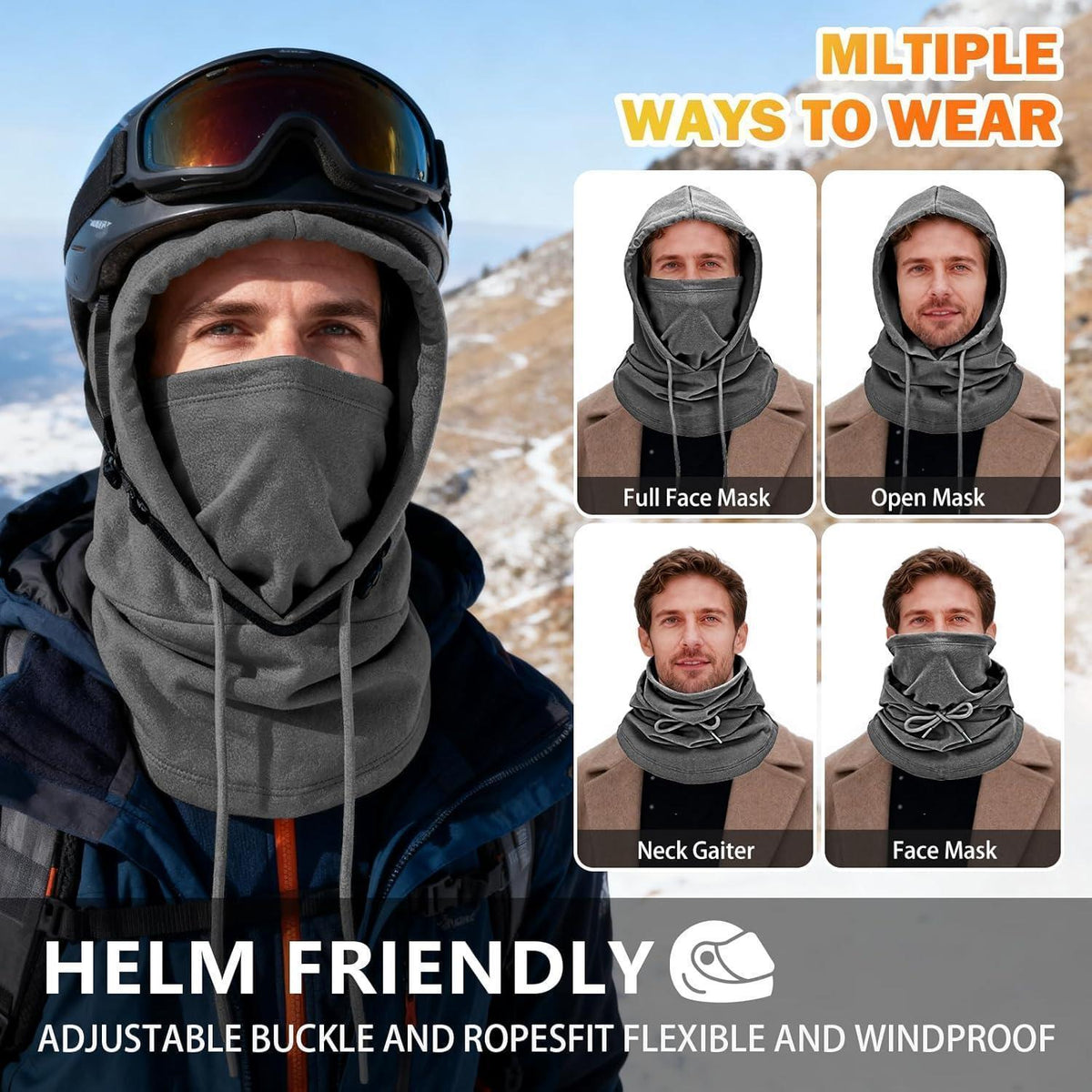 Sturmhaube Winter Warm Fleece – Unisex Skimaske Grau