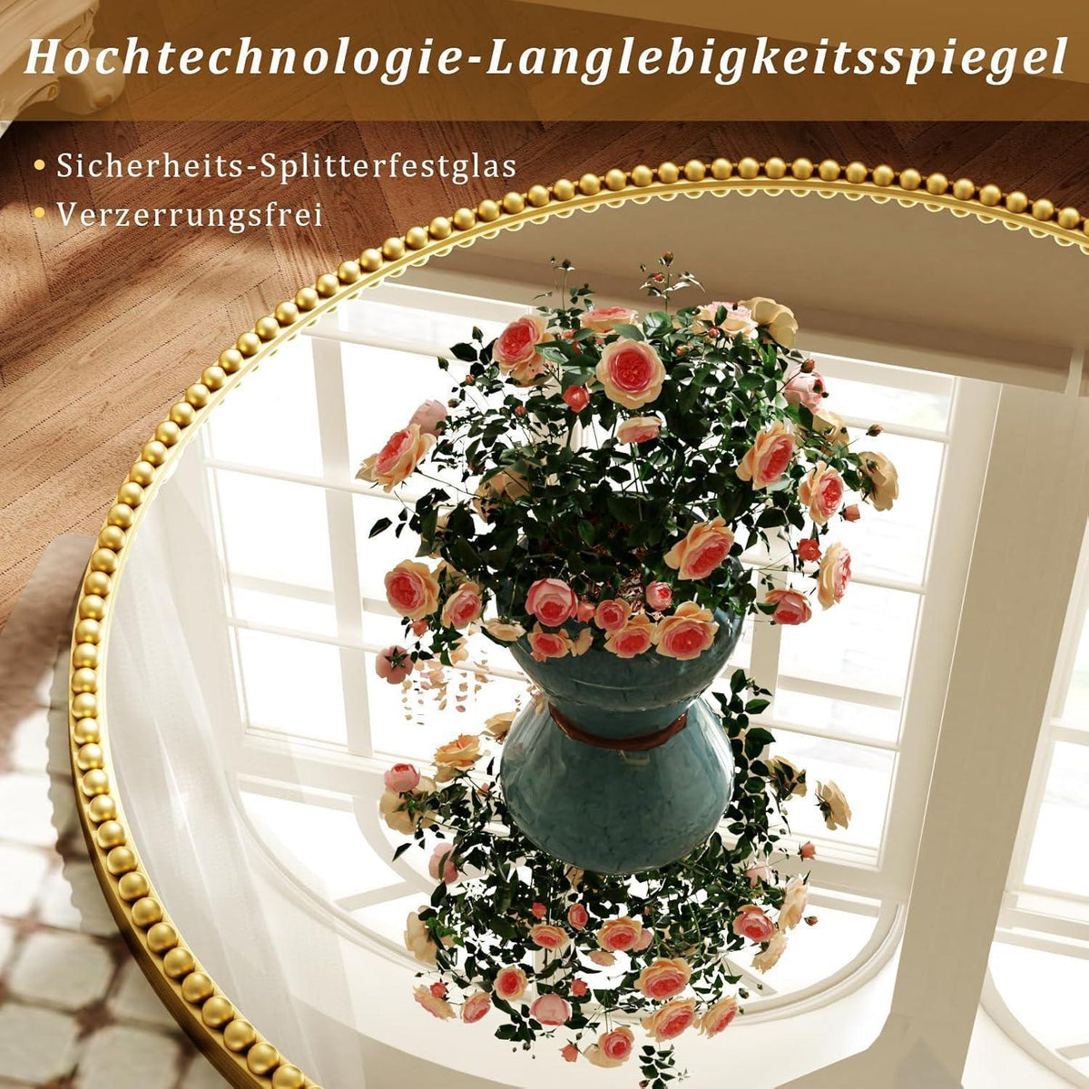 Runder Wandspiegel 70cm Gold – Retro Badezimmer Spiegel mit PU Perlenrahmen