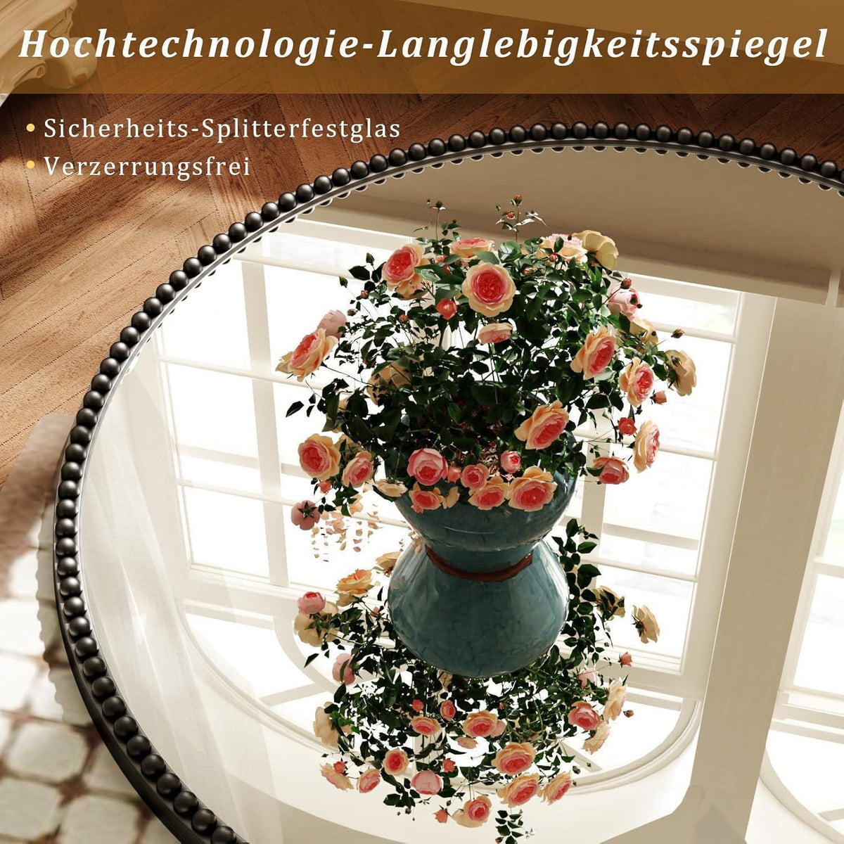 Runder Wandspiegel 80cm PU Perlenrahmen Schwarz – Retro Deko Spiegel