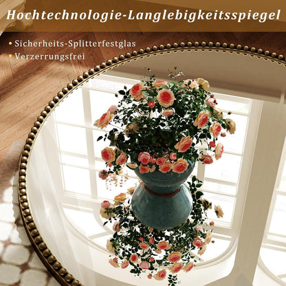 Runder Wandspiegel 70cm PU Perlenrahmen Braun Retro Badspiegel