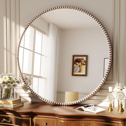 Runder Wandspiegel 90cm mit PU-Perlenrahmen in Silber – Retro Design