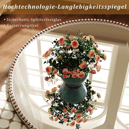 Runder Wandspiegel 90cm mit PU-Perlenrahmen in Silber – Retro Design