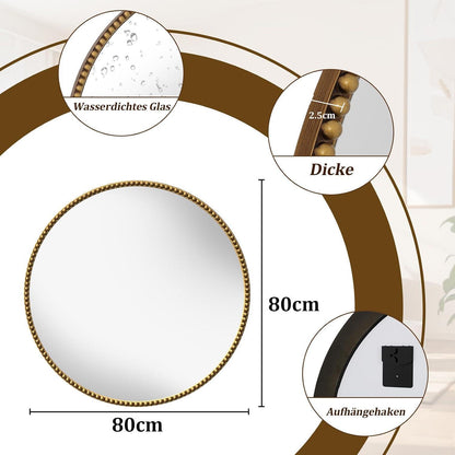 Runder Wandspiegel 80cm PU Perlenrahmen Braun Retro Badspiegel