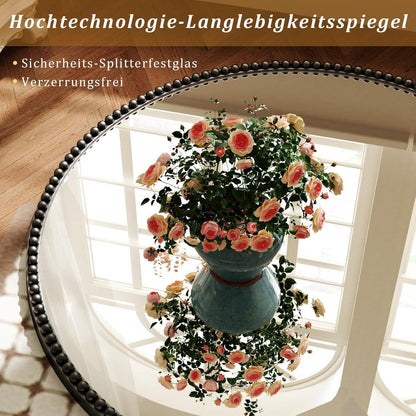 Runder Wandspiegel 70cm PU Perlenrahmen Schwarz – Retro Deko Spiegel