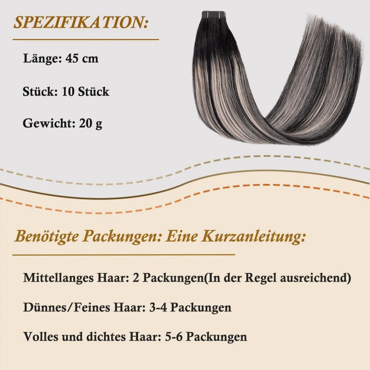 Remy Haarverlängerung Balayage Ombré Schwarz-Silbergrau 45cm