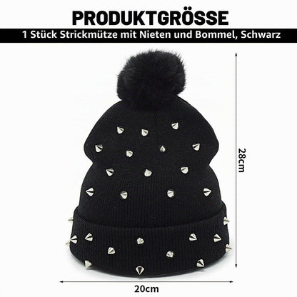Strickmütze Punk Nieten mit Wollbommel Grunge Y2K