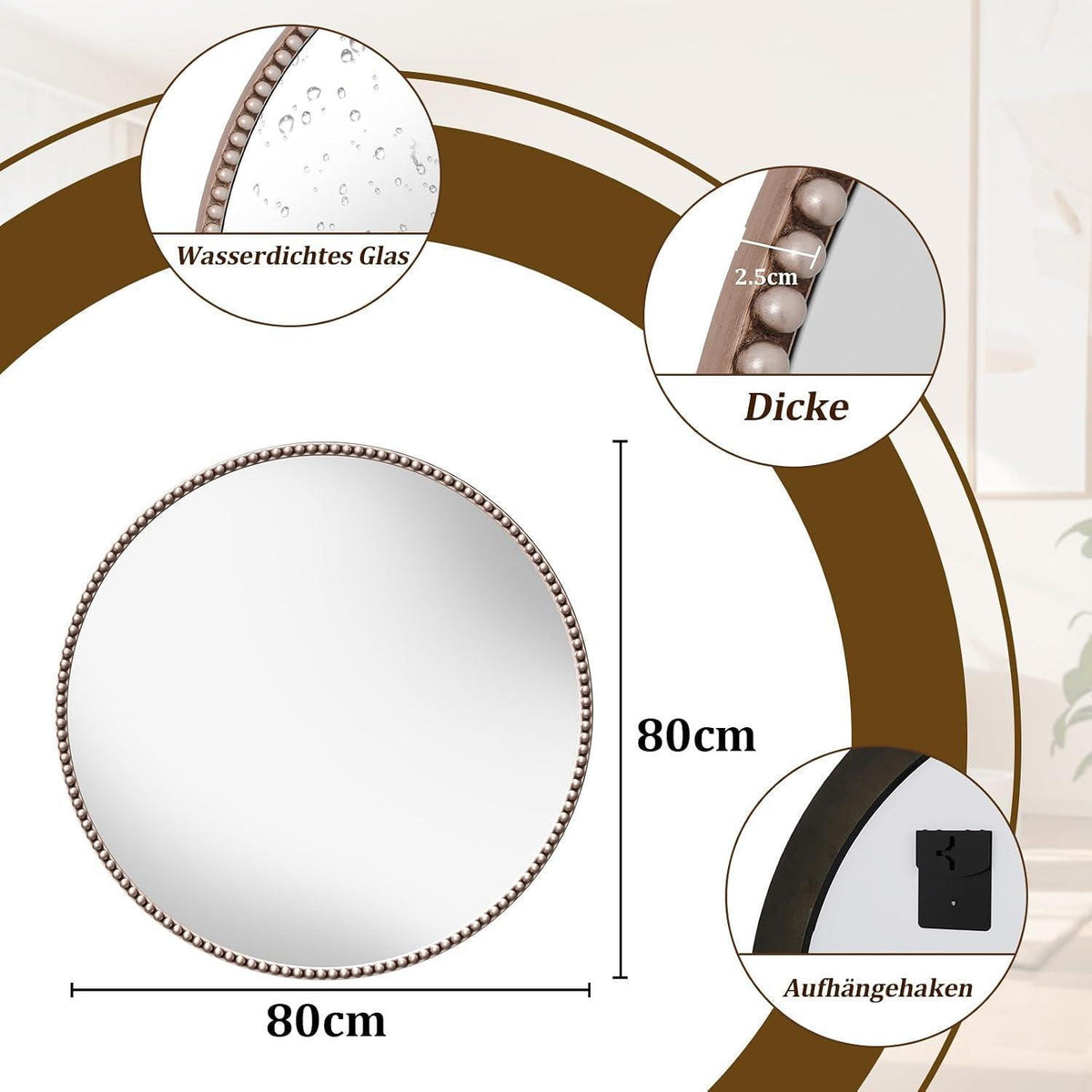 Runder Wandspiegel 80cm mit PU-Perlenrahmen in Silber – Retro Design