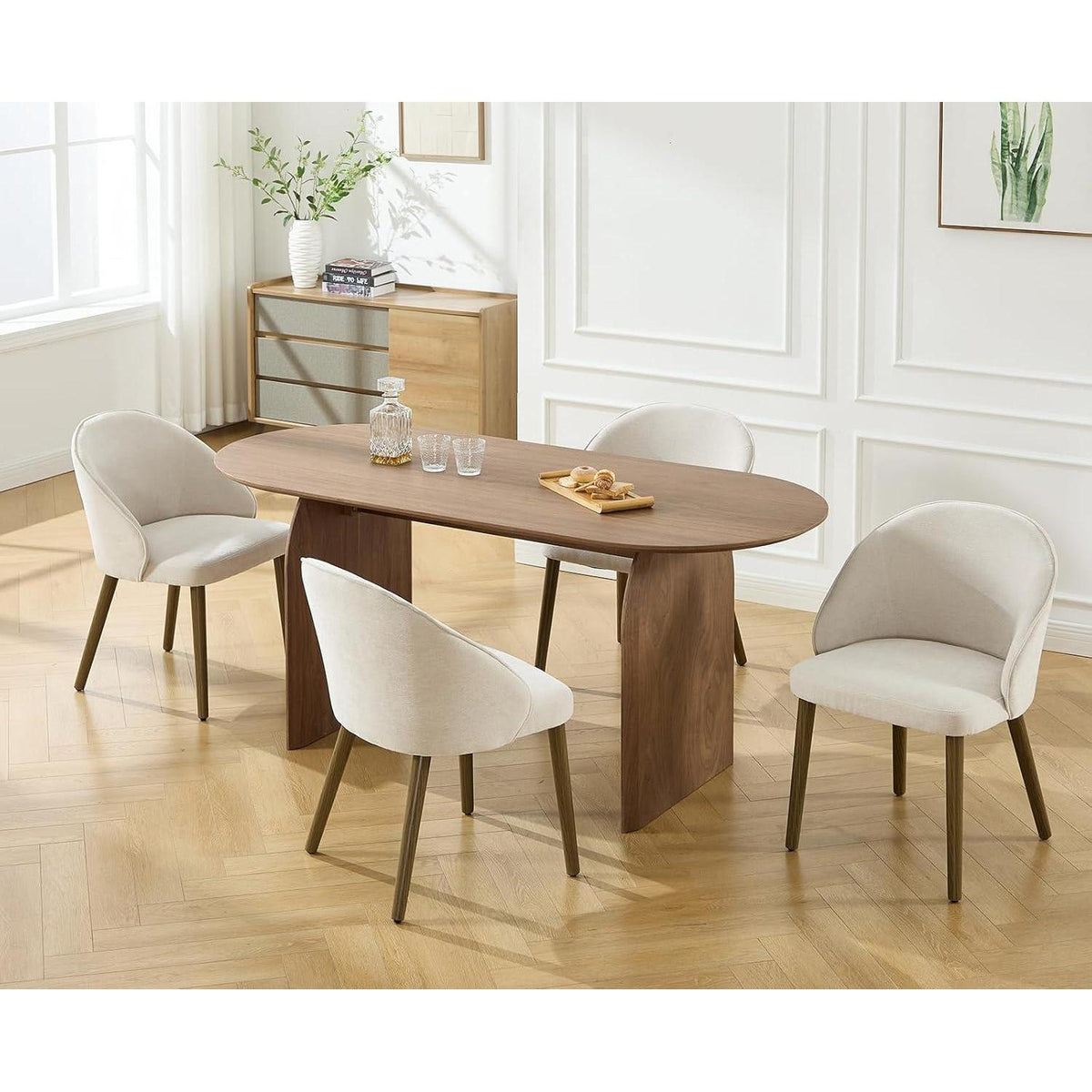 Esszimmerstühle Set 4 – Beige Chenille Polsterstuhl mit Holzbeinen