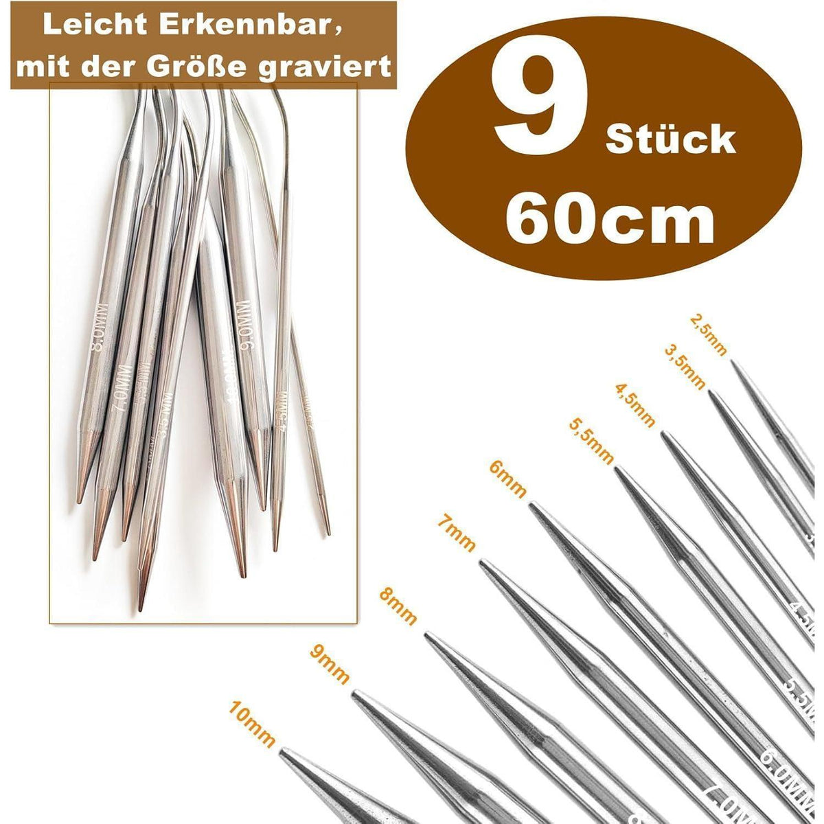 Rundstricknadel Set Edelstahl 9 Größen 2,5-10mm 60cm