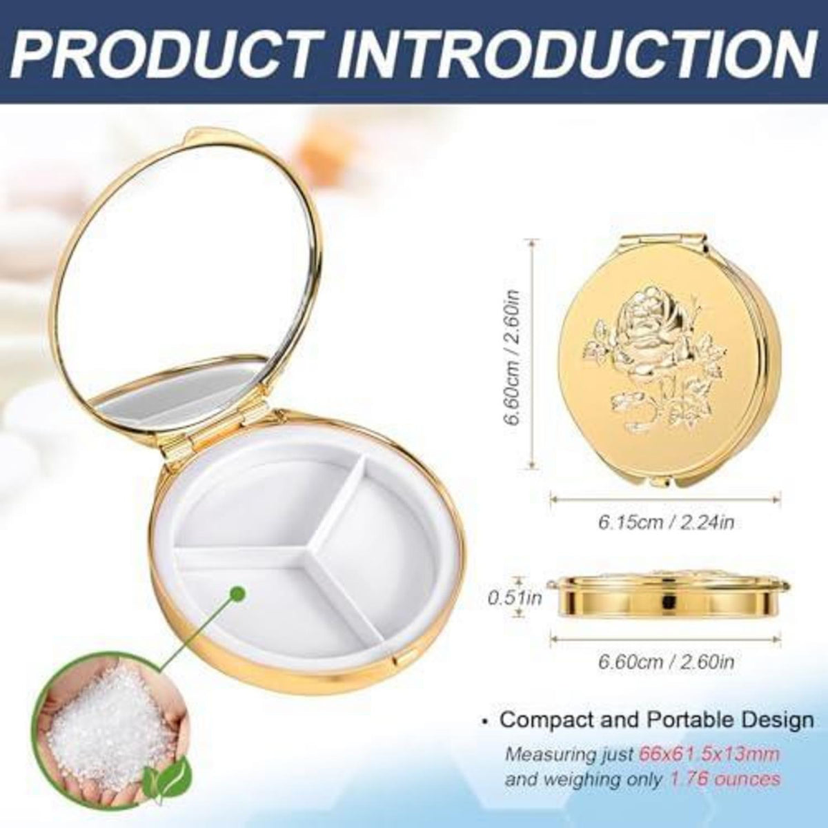Metall Pillendose mit Spiegel & 3 Fächern – Reise-Organizer