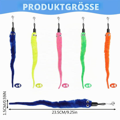 Katzenspielzeug Angel Set – 20 bunte Plüschwürmer mit Glocke