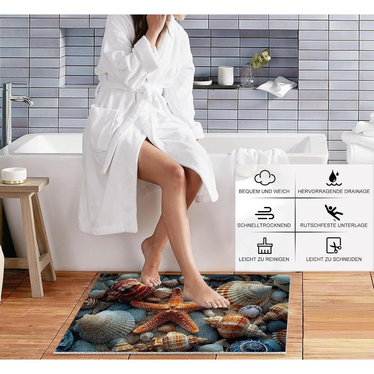 Rutschmatte Dusche 130x160cm – Seestern-Muster, Antirutsch & Ablaufloch