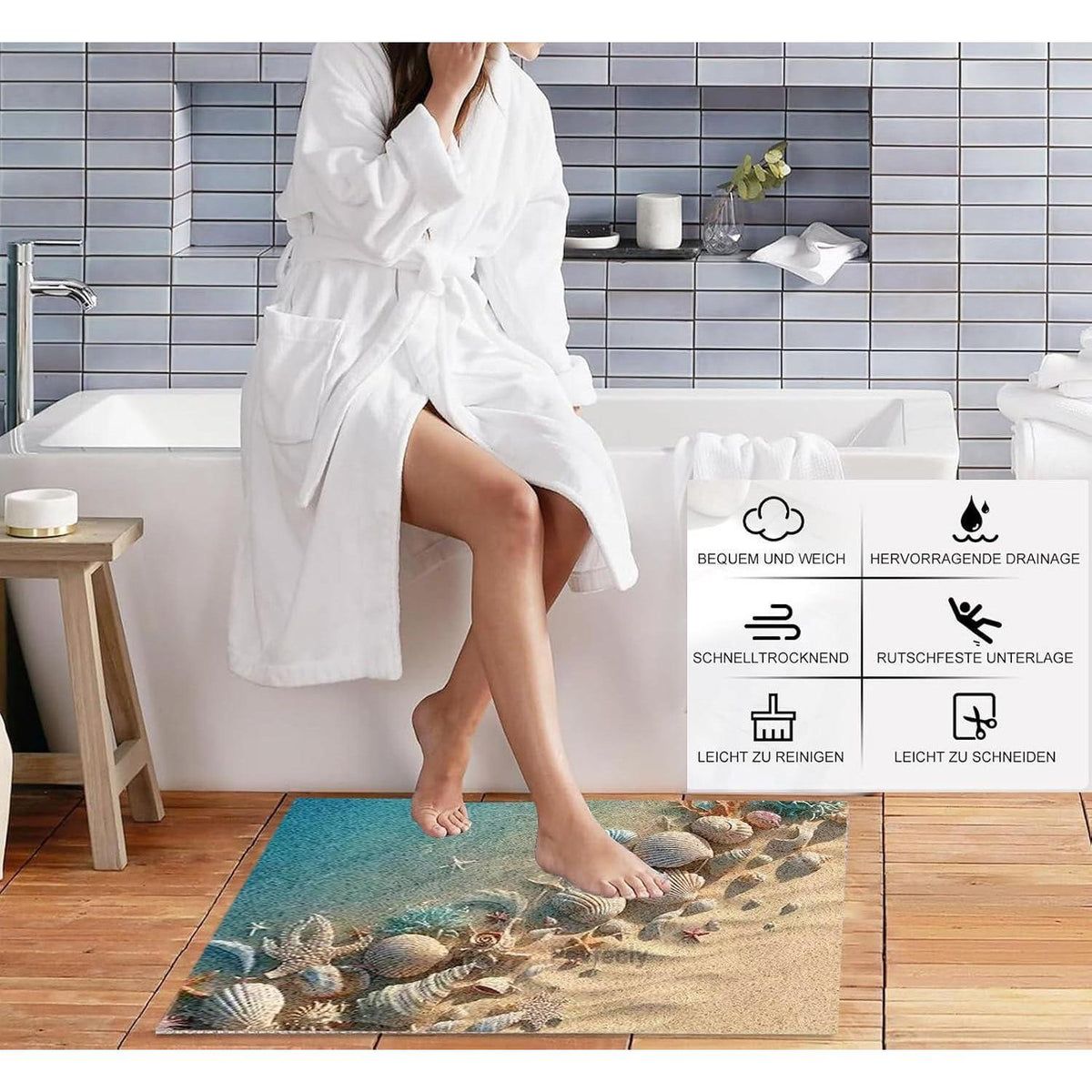 Rutschfeste Duschmatte 80x150 cm mit Muschelmuster & Ablaufloch