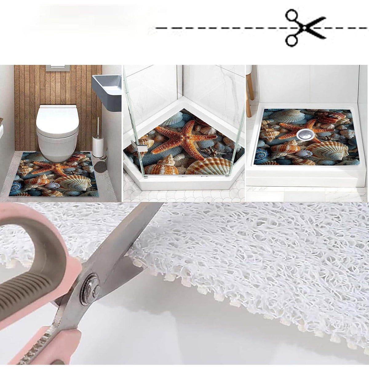 Rutschmatte Dusche 150x150cm – Seestern-Muster, Rutschfest & Ablaufloch